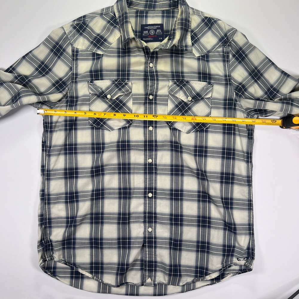 American Eagle Western Shirt Mens‎ Blue Plaid Pearl Snap Vintage Fit Long Sleeve - Picture 5 of 6